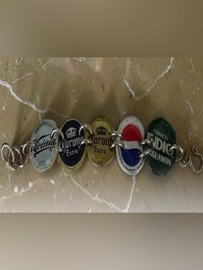 Vintage Handmade Bottle Cap Bracelet with Corona, Pepsi & More - Multicolor